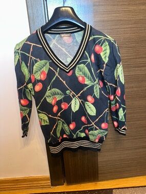 Galliano Men’s Navy Cherry-Print V-Neck Sweater size S